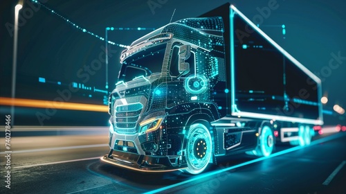 An unmanned smart truck, controlled by AI, features holographic car-style HUD UI GUI, and includes hardware diagnostics for auto analysis