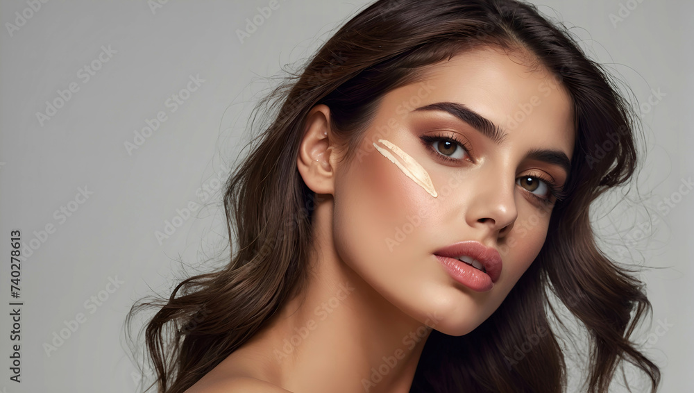 Close up portrait of a beautiful woman with glowing face. Beauty product commercial photo, glamorous portrait, Generative AI Close up portrait of a beautiful woman with glowing face. Beauty product commercial photo, glamorous portrait, Generative AI