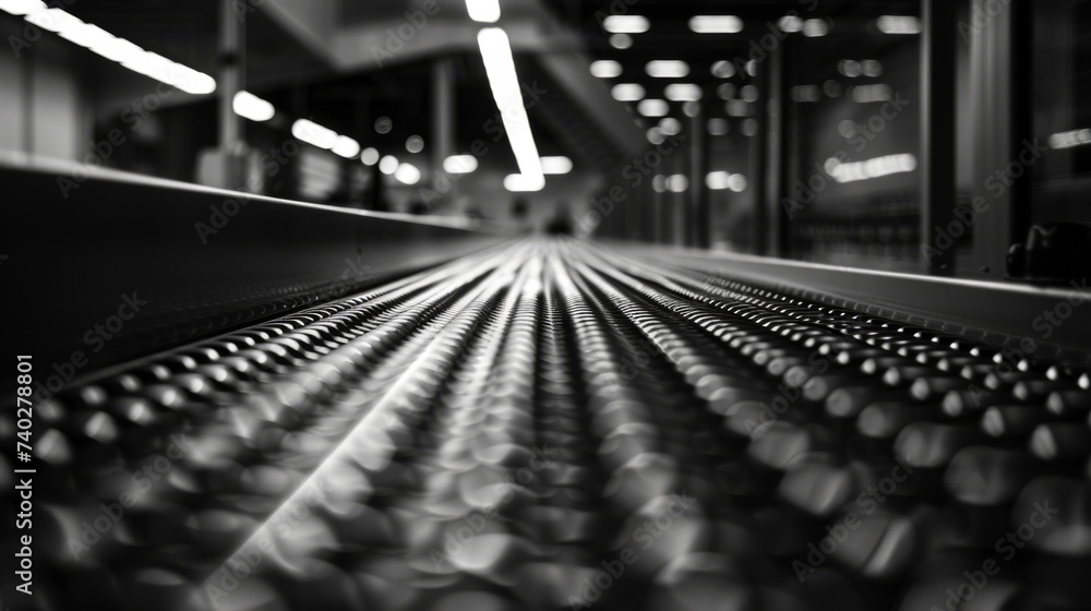 monochromatic, selective focus shot of a conveyor belt with a multitude of glass bottles in a production line setting - obrazy, fototapety, plakaty 