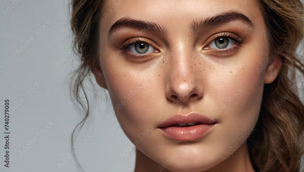 Close up portrait of a beautiful woman with glowing face. Beauty product commercial photo, glamorous portrait, Generative AI Close up portrait of a beautiful woman with glowing face. Beauty product commercial photo, glamorous portrait, Generative AI