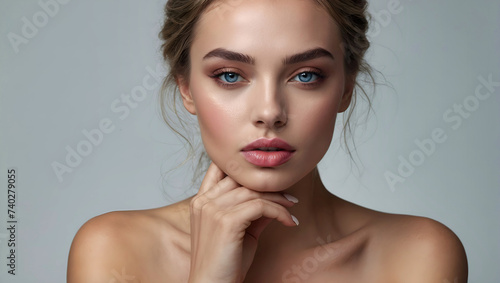 Close up portrait of a beautiful woman with glowing face. Beauty product commercial photo, glamorous portrait, Generative AI