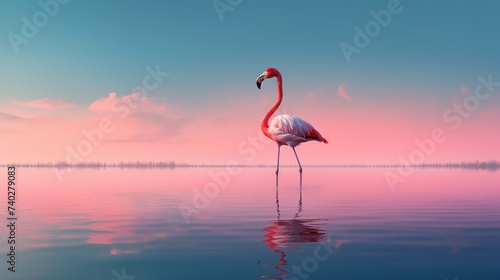 The epitome of elegance: a pink flamingo poised against a subtle pink horizon.