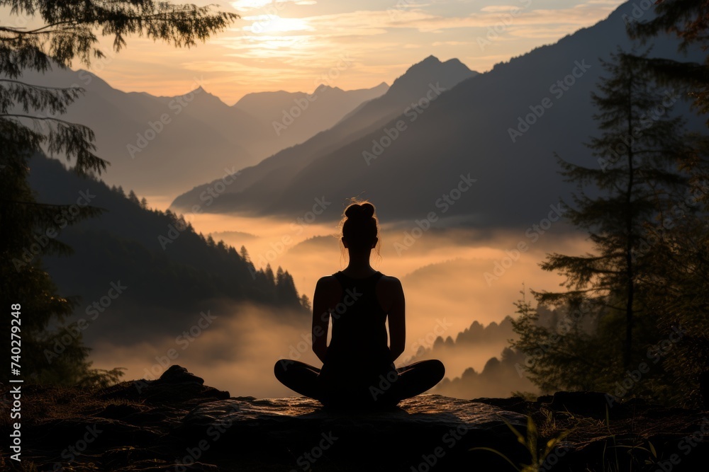 Woman doing yoga in backyard on misty morning with mountains and sunrise in background
