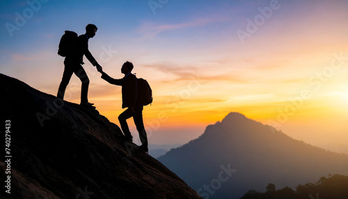 Silhouetted businessmen unite, extending hands atop mountain at sunset, symbolizing teamwork, success, support