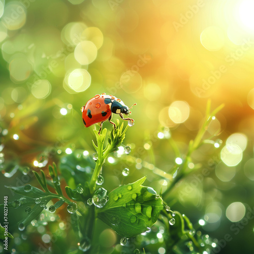 Raindrop Wonders: Ladybugs in the Lush Forest - A Photorealistic Journey