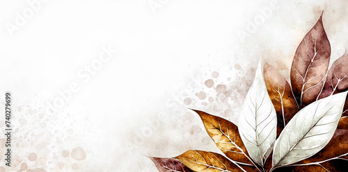 Pastelowe tło, złote i brązowe liście. Abstrakcyjna tapeta akwarela. Puste miejsce © Iwona