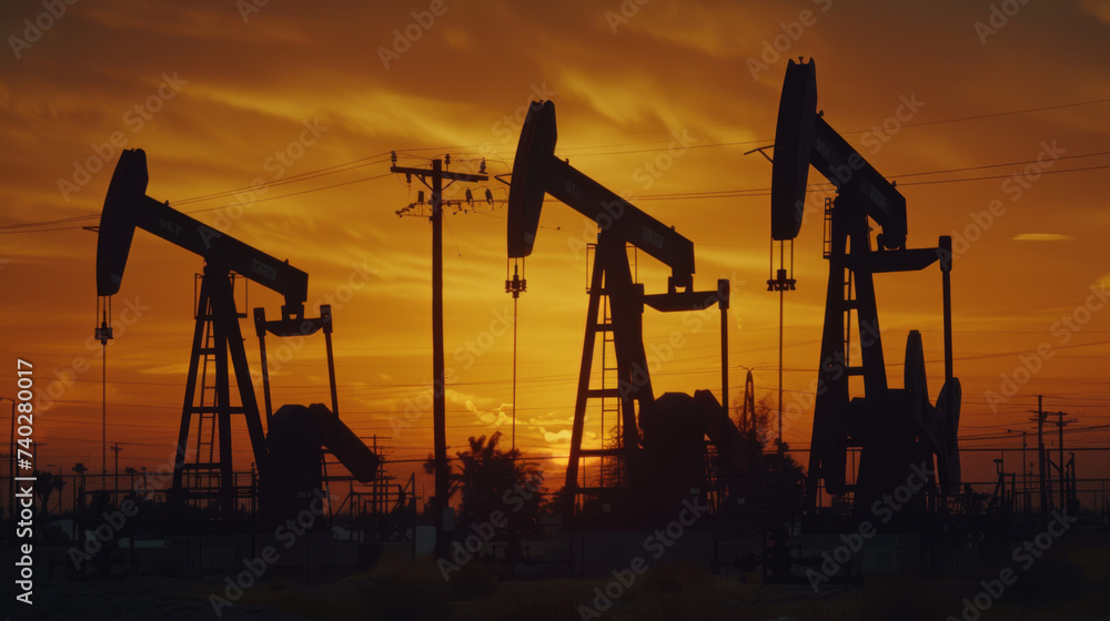 multiple oil pumps silhouetted against the backdrop of a vivid sunset sky, signifying the operation of an oil field during dusk. multiple oil pumps silhouetted against the backdrop of a vivid sunset sky, signifying the operation of an oil field during dusk.
