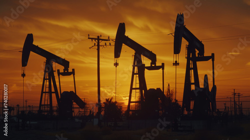 multiple oil pumps silhouetted against the backdrop of a vivid sunset sky, signifying the operation of an oil field during dusk.