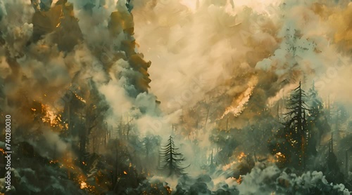 Forest fire. The whole forest is on fire and belching thick smoke. Generative AI photo