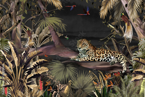 Fototapeta Naklejka Na Ścianę i Meble -  Wallpaper with a jaguar animal background pattern in a dry tropical forest with trees, plants, birds and butterflies on a dark background.