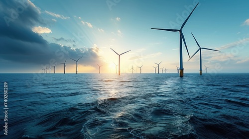 Coastal Wind Farm: Off the coast, a cluster of offshore wind turbines rises majestically from the ocean waves, their sleek white structures contrasting against the blue sea and sky