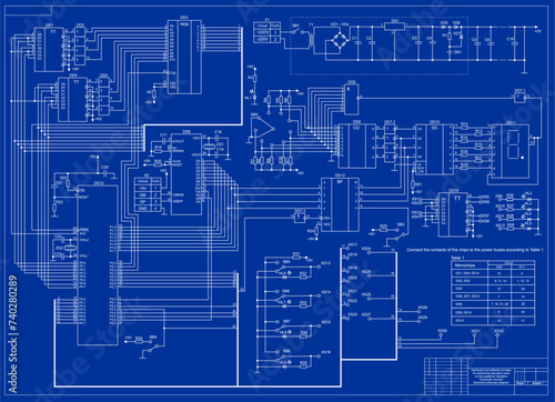 Technical schematic diagram of digital electronic device. Vector drawing electrical circuit with led, capacitor, resistor, indicator, logic element, integrated circuit, switch, transformer, diode.