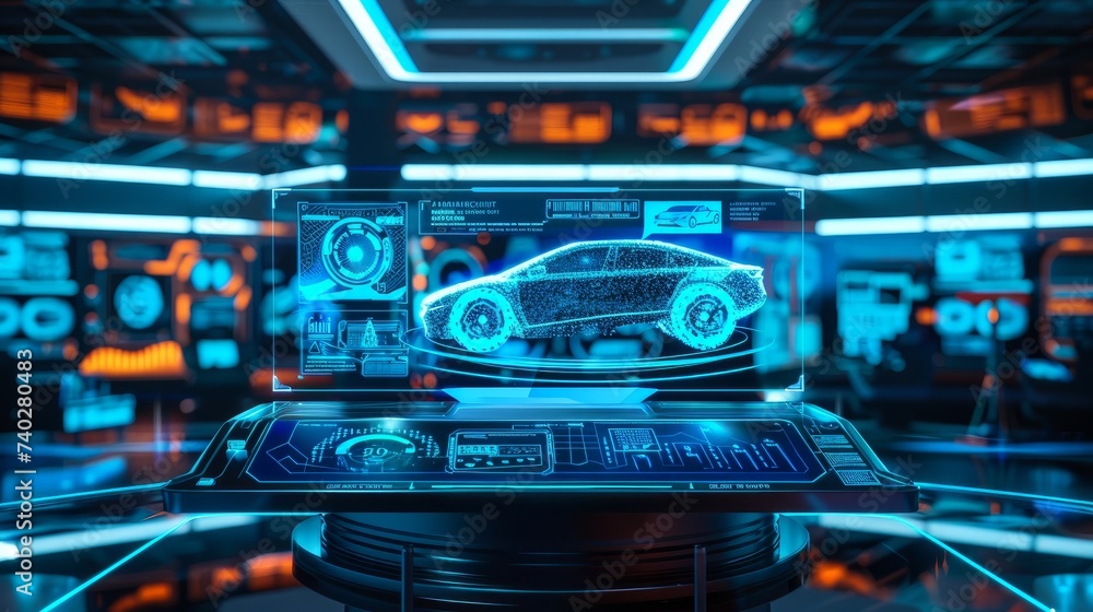 A cybertruck car showcased in a blue HUD interface, epitomizing the future of cyber technology, with the vehicle presented on a podium. This scene exudes a cyberpunk aesthetic A cybertruck car showcased in a blue HUD interface, epitomizing the future of cyber technology, with the vehicle presented on a podium. This scene exudes a cyberpunk aesthetic