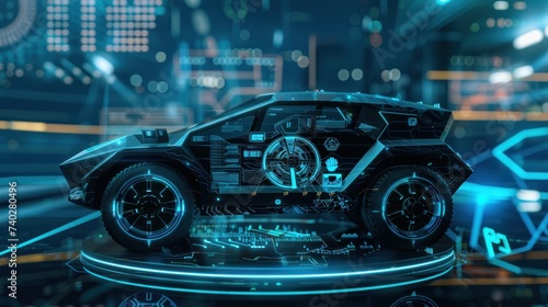A cybertruck car showcased in a blue HUD interface, epitomizing the future of cyber technology, with the vehicle presented on a podium. This scene exudes a cyberpunk aesthetic © Orxan