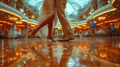 On a luxury cruise vacation, the retired couple joins other passengers on the dance floor of the ship's ballroom, gliding gracefully across the polished floor as they enjoy the romance of the open sea