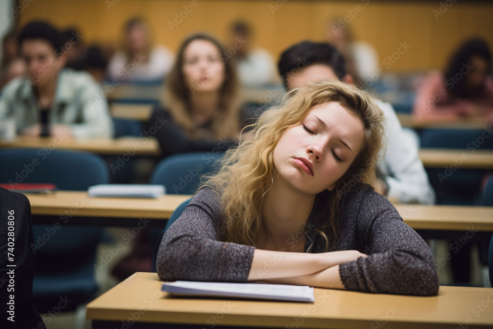 Tired and overworked young female student falling asleep in university or college