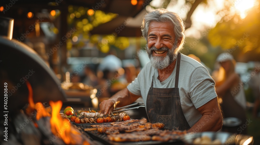 Family Gathering theme. The retired couple hosts a family gathering in their backyard, with children, grandchildren, and friends enjoying a barbecue feast together, husband tends to the grill