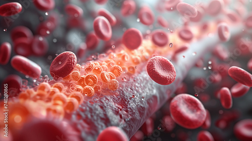 Within confines of blood vessels, erythrocytes and cholesterol cells navigate circulatory system photo