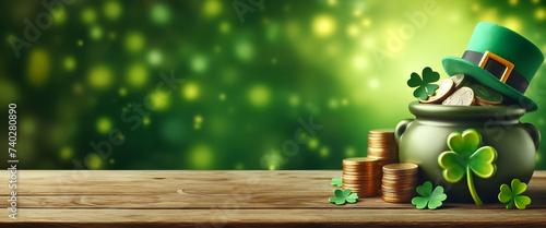 Happy St. Patrick's Day greeting or banner design, coin pot and illustration of a leprechaun hat, three-litre clover on a green blurred background. Background with copy space
