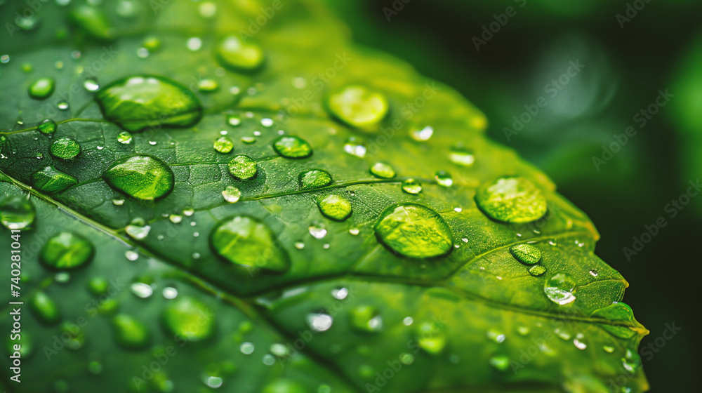 Green leaf with water drops close-up. Natural background for design