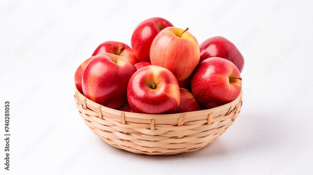 Organic red apples in basket with reflection on white background, healthy fruit harvest concept. Organic red apples in basket with reflection on white background, healthy fruit harvest concept.