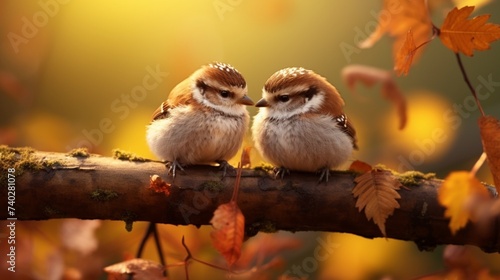 Two sweet sparrows adorned in cozy knitted hats, nestled on a tree branch against a softly blurred autumn setting. Hello autumn. Autumn character. © zahra