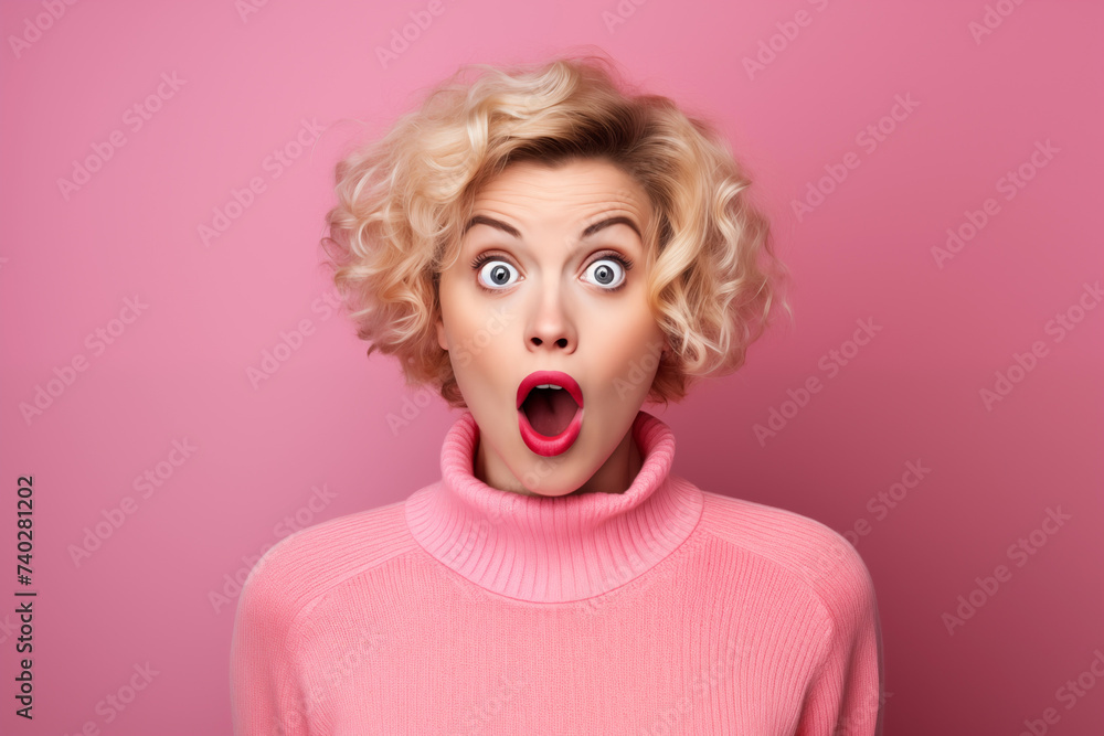 Surprised young woman with short blond hair looking shocked after receiving surprising news against a pink background Surprised young woman with short blond hair looking shocked after receiving surprising news against a pink background