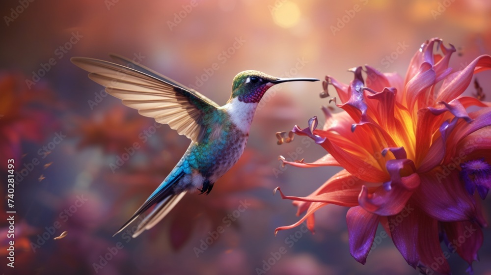 Fototapeta premium Wings beating in a blur, the hummingbird approaches the flower, a testament to agility and grace.