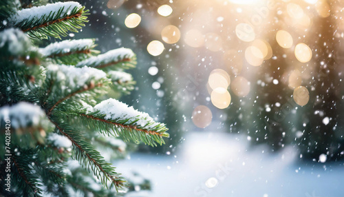 Christmas tree branches outdoors  with twinkling bokeh and falling snow  evoking holiday magic and serenity