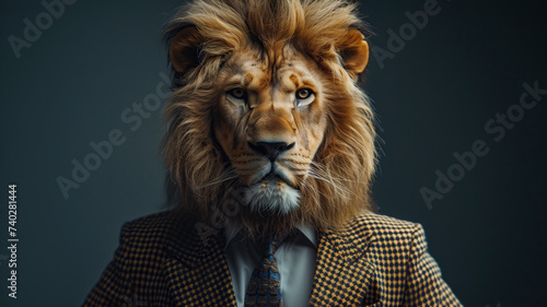 Portrait of a lion dressed in an elegant suit on a dark background