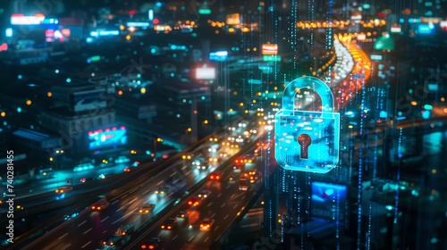 Glowing holographic padlock overlays a bustling nighttime road in Bangkok  symbolizing cyber security measures to safeguard companies. Image is achieved through a double exposure technique