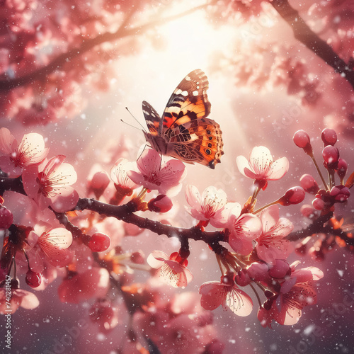 A butterfly landing on a blooming cherry branch © lali