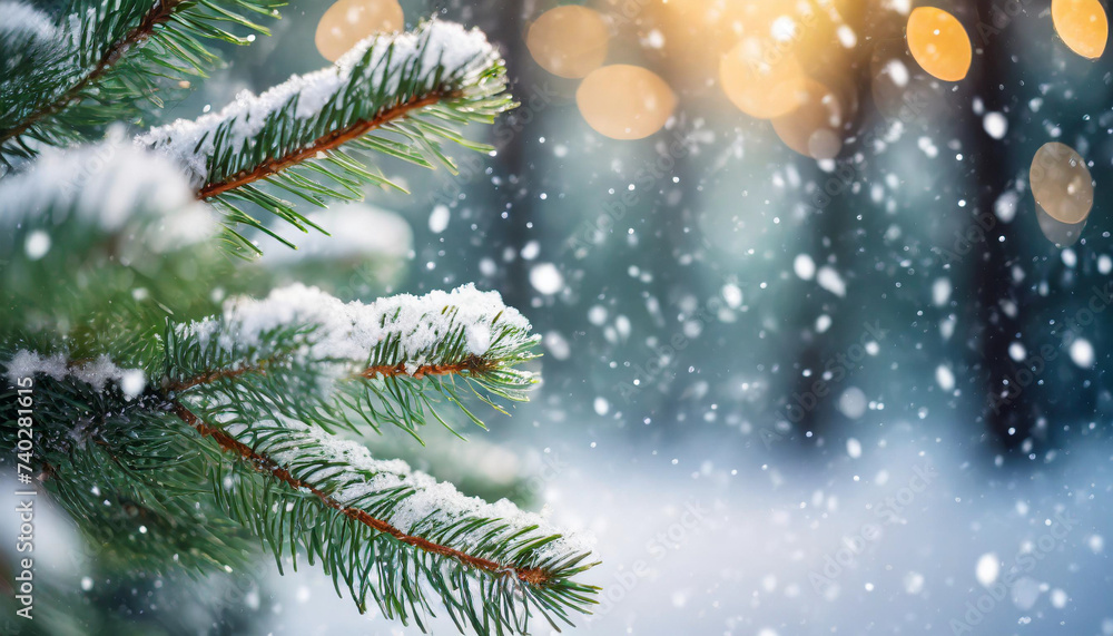 Christmas tree branches outdoors, with twinkling bokeh and falling snow, evoking holiday magic and serenity Christmas tree branches outdoors, with twinkling bokeh and falling snow, evoking holiday magic and serenity