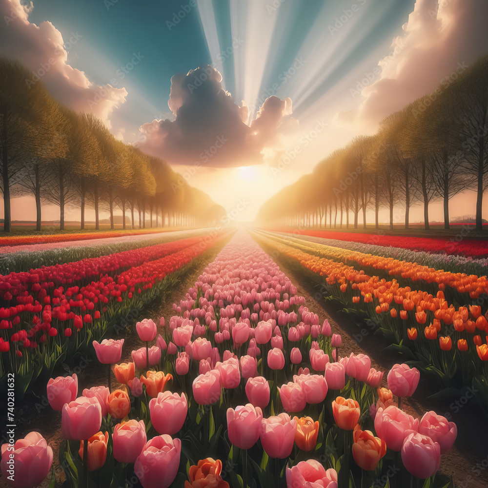 A field of tulips in different colors