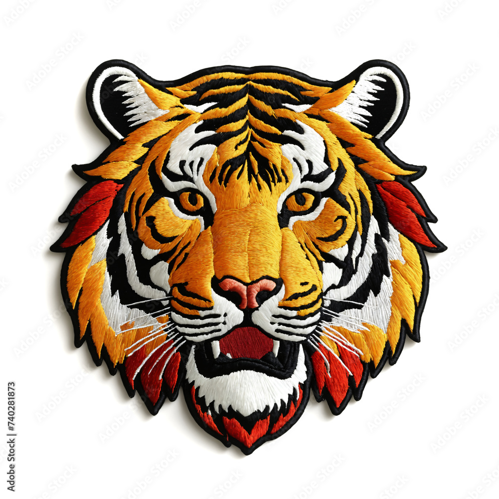 Colorful tiger head embroidered patch badge on white background.