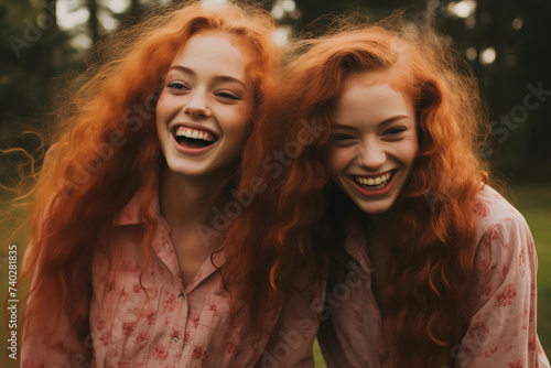 Beautiful happy redhead women and twins wearing matching pink clothes and laughing having fun together