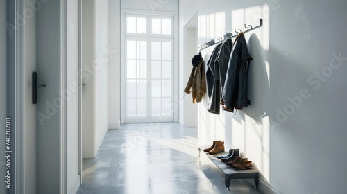 An empty hallway within a contemporary white apartment, featuring coats hanging on the wall and shoes neatly arranged on a rack photo