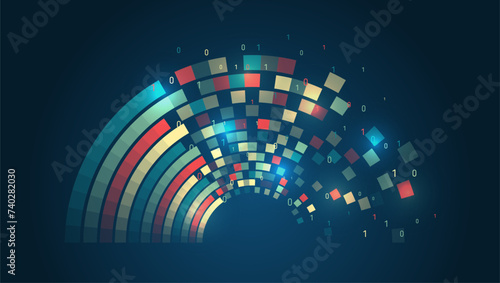 Large data stream on a dark background, glowing lines and circles. Data set analysis and visualization. Artificial intelligence, business analytics. An array of information in the form of a half disk.
