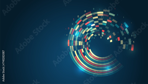 Data set analysis and visualization. Artificial intelligence, business analytics. An array of information in the form of a disk. Large data stream on a dark background, glowing lines and circles.