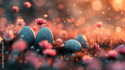 
Easter eggs hidden in vibrant spring meadow, colorful and playful, watercolor style, soft morning light, low angle view, high detail, with bokeh