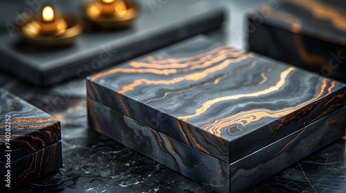 Custom luxury product packaging design, elegant and detailed, soft-focus on material textures, studio lighting, close-up, with minimalist background