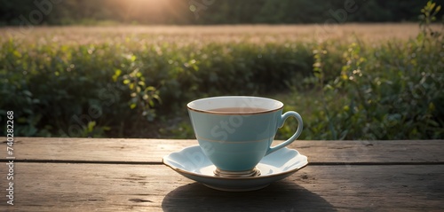 A teacup is placed on a wooden table in front of a lush field, blending the elements of drinkware and natural landscape