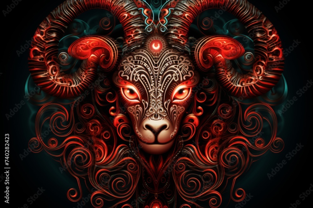 Capricorn zodiac sign glowing in red color isolated on black background in vector style