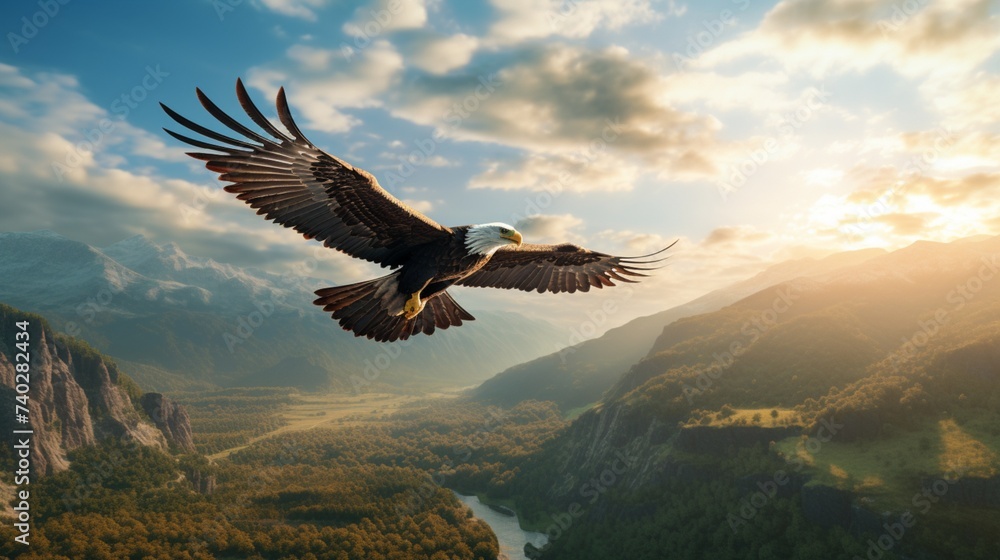 Fototapeta premium With wings spread wide, an elegant eagle glides gracefully over the mountainous horizon, its flight a ballet of beauty and strength.