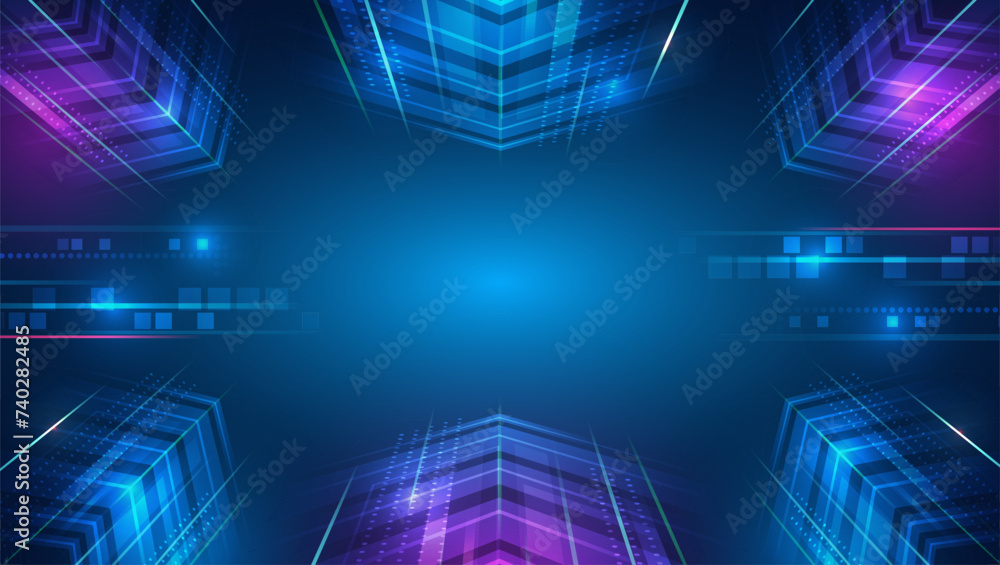Modern technological design. Abstract high-tech background with arrows and glowing lines. Vector illustration for a banner or presentation on the theme of technology, science, and medicine. - obrazy, fototapety, plakaty 