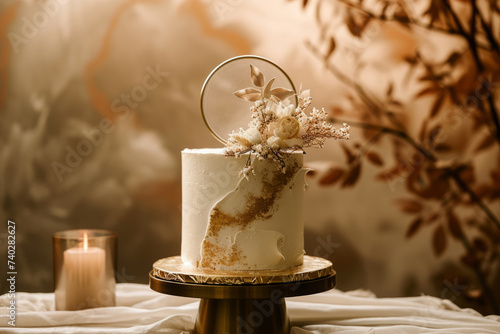 Designer cake decorated with flower on sunny background. Generative AI photo