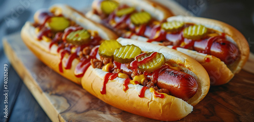 Hot dogs with ketchup, mustard and mayonnaise on wooden plate