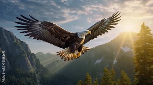 Witness the soaring grace of a majestic eagle against the backdrop of nature's grandeur. © zahra
