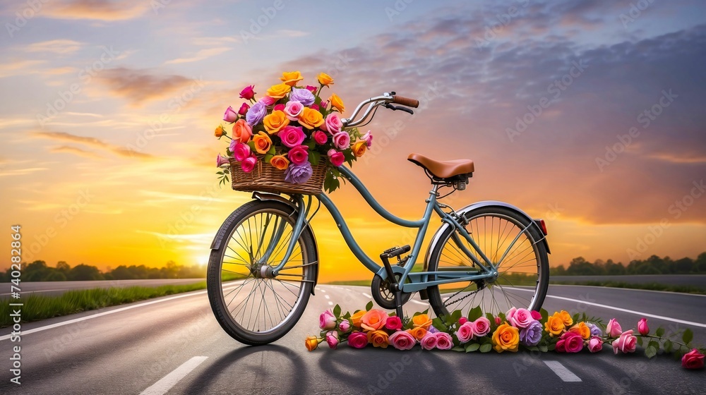 Bicycle with basket of flowers on the road at sunset. Love concept.