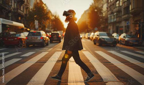 A person wearing a virtual reality headset is walking on a city street, surrounded by buildings, cars, and automotive lighting. The sky is overhead, and the asphalt is underfoot photo